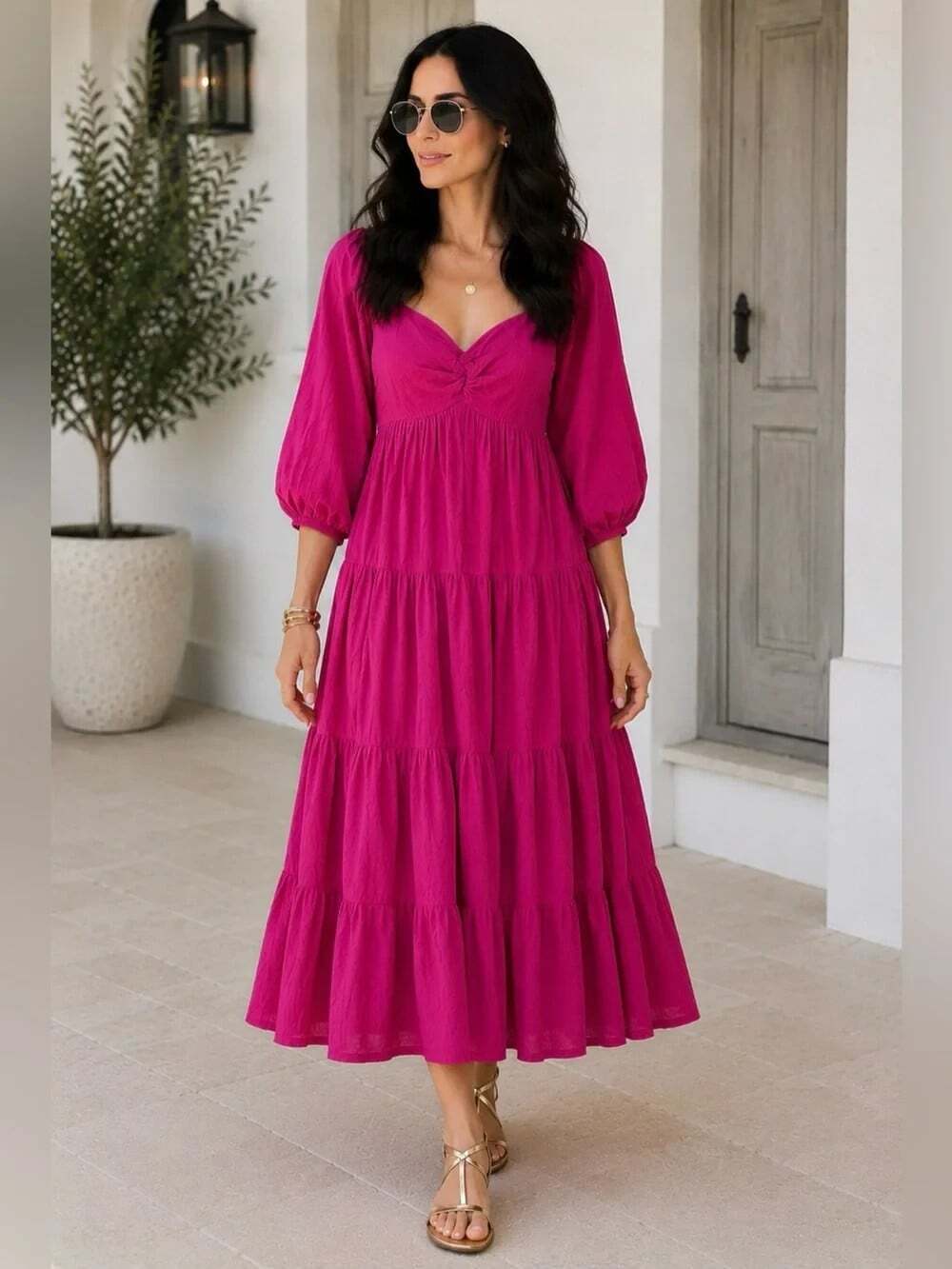 Trina Turk Out Of Office Size Large Pink Gauze Balloon Sleeve Swing Midi Dress